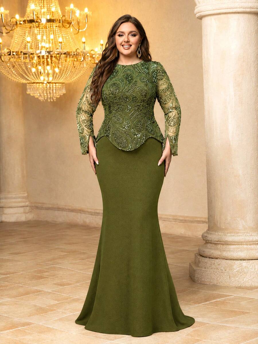 UNITHORSE[Random Cut]Round Neck Long Sleeve Sequin Patchwork Knit Evening Dress - Olive Green - View 1