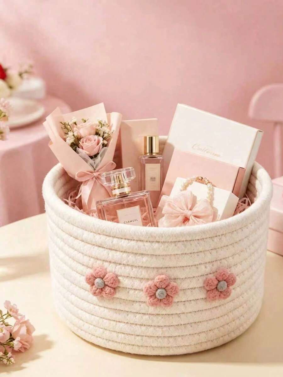 1pc Creative Handmade Woven Desktop Storage Basket, 3D Exquisite Flower Design, Gift Hair Accessories Keys Wallet Sundries Organizer Box, Home Decor, Holiday Gift - Multicolor - View 1