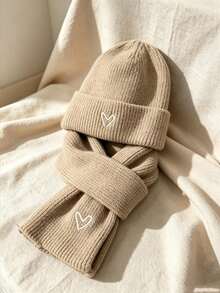 Winter Kids Hat & Scarf Set, Heart Embroidered Knitted Woolen Beanie, Unisex Baby Outdoor Hat - Multicolor - View 8