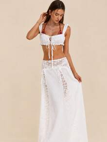Women's Beach Vacation Knotted Cropped Top & Mini Skirt Set - White - View 1