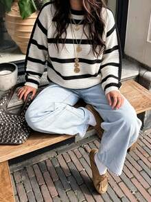 Women's Casual Striped Knit Crew Neck Long Sleeve Sweater, Versatile Fashion Knitwear For Spring & Autumn - Black and White - View 10