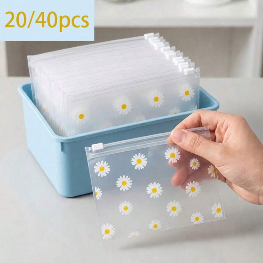 20/40pcs Daisy Pattern Frosted Plastic Zipper Bags Reusable Transparent Storage Bags, Suitable For Cosmetics Jewelry Hair Additions Office Supplies Crafts Stationery Organization - Multicolor - View 1