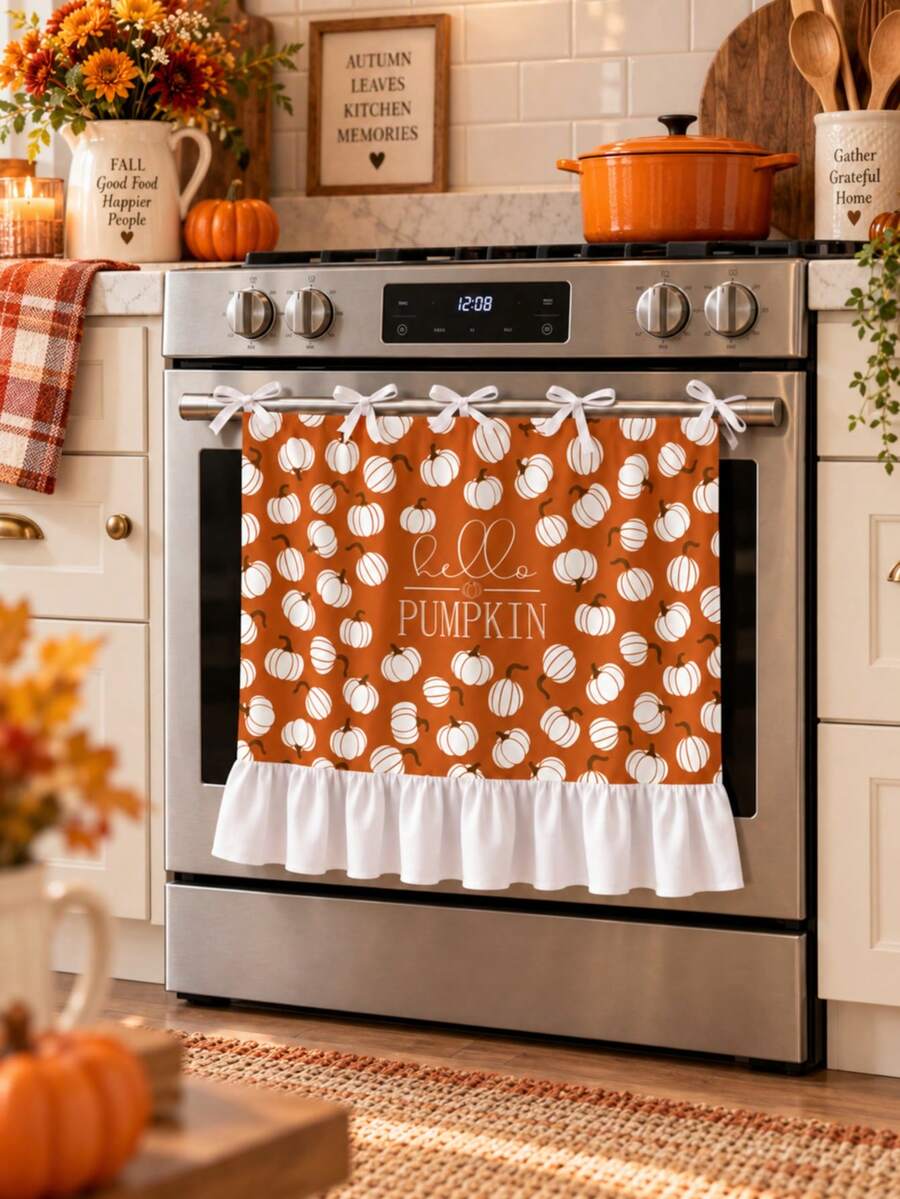 Fall Oven Door Curtain, Thanksgiving Oven Skirt, Dishwasher Front Door Cover Decoration, Hello Pumpkin White Pumpkin Allover Print Ruffled Oven Cover With Bow Ties, Made Of Polyester, Farmhouse Fall Kitchen Decor For Thanksgiving,Halloween,Gathering. - Ginger - View 1