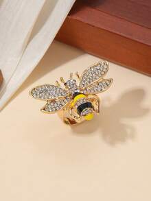 Cross-Border Hot-Selling Creative Bee Jewelry, Rhinestone Faux Pearl Oil-Drop Inlaid Insect Ring, Vintage Luxury Coat Accessory Gift - Gold - View 2