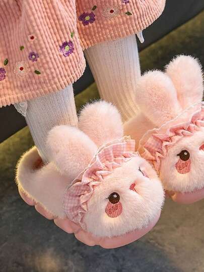 Girls' Cute Warm Thermal Lined Rabbit Fur Thermal Slippers For Winter Home Wear