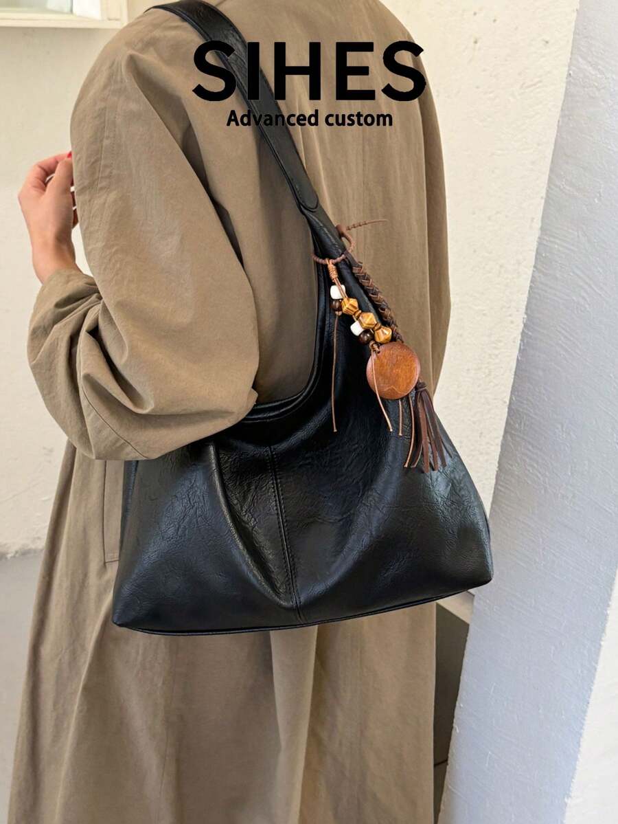 1pc Solid Color PU Leather New Women's Bag, Shoulder Bag, Fashionable Versatile Crescent Bag, Magnetic Closure, Dual Handles, Suitable For Commuting, Shopping, Dating