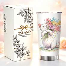 1/5pcs 20oz Cute Cat Travel Mug, Adorable Kitten Holding Flowers Flat Print, Fresh Watercolor Style, With Transparent Lid, Vacuum Insulated Stainless Steel Cup, Reusable, Suitable For Hot And Cold Drinks. Full Of Healing Vibes, Portable For Commuting And Outings, A Creative And Fun Gift For Cat Lovers. - Kitten Holding Flowers - View 11