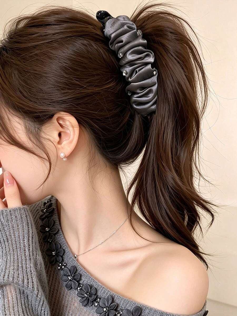 1/2PCS Vintage Fabric Pleated Banana Clip Elegant Rhinestone Ponytail Hair Clip Versatile Fashion Satin Hair Accessory For Women