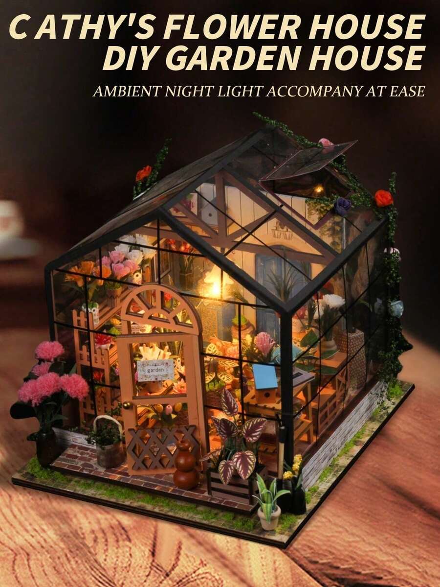 1 Set Wooden DIY Dollhouse Kit, Miniature Model House, Miniature Greenhouse Model Kit, 1:24 Scale, Best Christmas Gift/DIY Craft/Birthday Gift/Home Decor For Family And Friends (Battery Not Included)