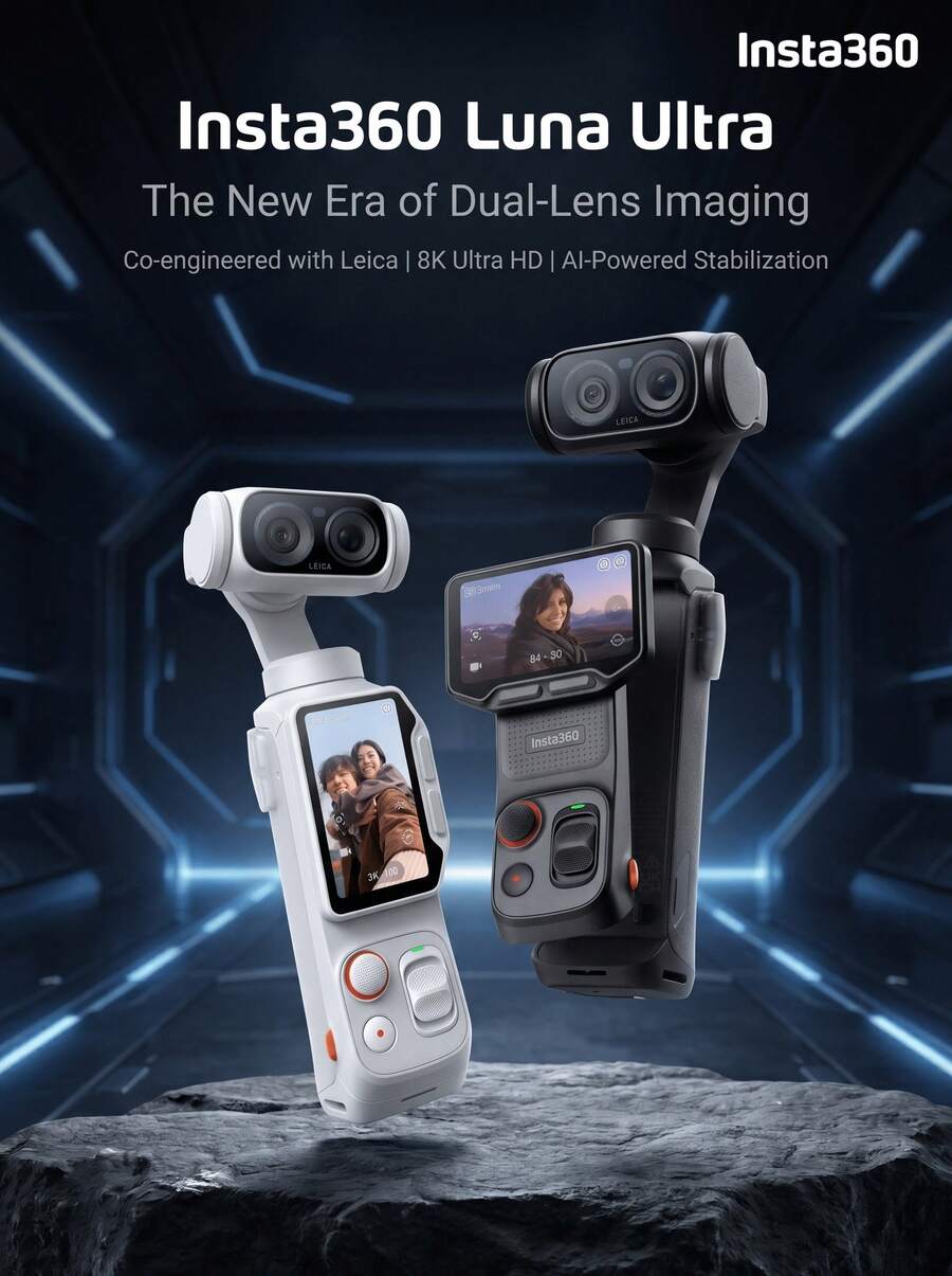 Insta360 [Peluncuran Produk Baru] Kamera Gimbal Lensa Ganda Unggulan  Luna Ultra 8K: Kamera AI Triple-Core 1 inci untuk Fotografi Malam Hari, Vlog, dan Perjalanan yang Unggul - Paket Standar (Paket Resmi) - View 1