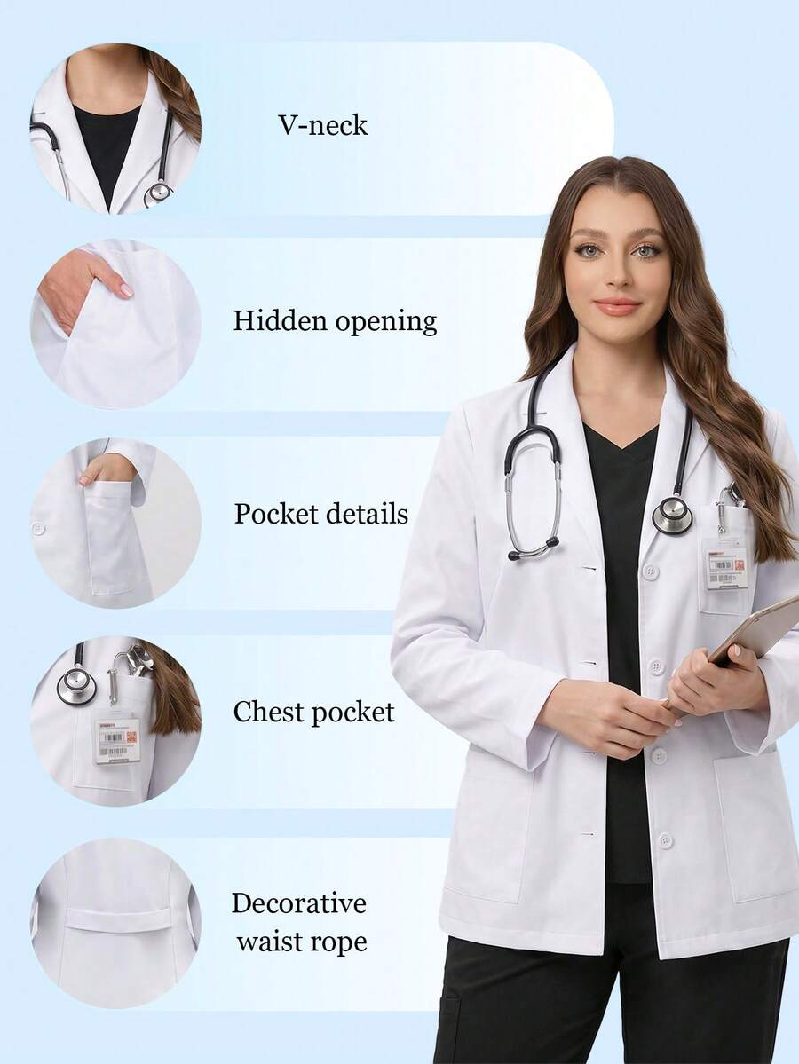 Plus Size Women's Long Sleeve Open Front Lapel 3 Pockets White Coat Regular Fit