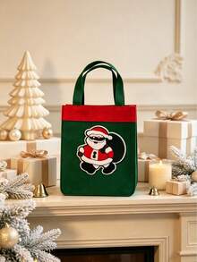 1Pc Red & Green Santa Patch Tote Bag, Vintage Style Rectangular Handbag, Gift Carrier For Christmas Holiday Gift Packing,Shower Curtain For Bathroom,Shower Curtains - Multicolor - View 4