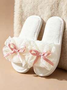 Women's Autumn/Winter Home Slippers, Lace Bow Design, Girly Style, Soft Indoor Lining, Comfortable Warm Anti-Slip, Fashionable And Beautiful, Suitable For Couples - White - View 1