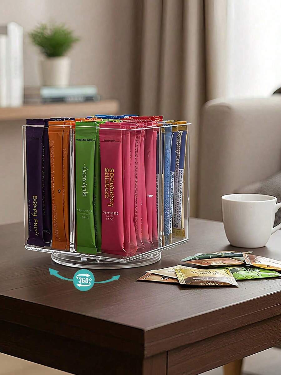 Clear Drink Packet Organizer 360° Rotating Beverage Bag Storage Rack Desktop Divided Storage Box Space-Saving Makeup Case For Coffee Station Cabinet Pantry Office Kitchen Vanity Tea Bag Holder Drink Mix Necessities Home Decor Bathroom Accessories