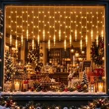 1pc Christmas Decorations 96 LED Icicle Lights With Drops Ice Drop Pendant Curtain String Lights USB Powered & Remote Control 8 Modes 3 Color For Home Indoor Outdoor New Year Holiday Window Party Wedding Decor - Multicolor - View 2