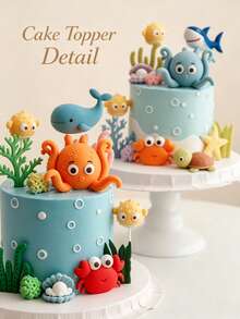 1pc Ocean Animal Cake Decoration, Octopus Shark Whale Crab And Coral Decor, Suitable For Baby Shower Birthday, Not A Toy, Please Keep Away From Children Under 14 - Multicolor - View 2