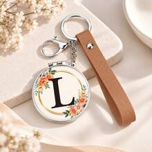1pc 26 Letters Optional Floral Design Double-Sided Portable Makeup Mirror, 1X High Definition Mirror 180° Foldable PU Leather Pendant, Girls Bag Keychain Mirror/Bag Charm - Multicolor - View 36