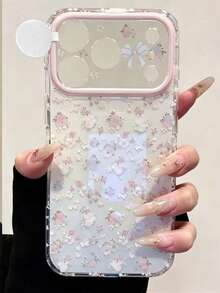 Fresh Cute Pink Floral White Background Bow Lens Painted Pattern Phone Case, Compatible With Iphone 18 17 Pro Max 16 15 Pro Max, Girly Heart Design, Spring Summer Shockproof Protective Shell - Pink - View 3
