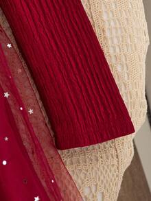 Tween Girls Fall Dress, Valentine's Day Solid Color Jacquard Square Neck Gigot Sleeve Top With Star & Moon Mesh Princess Skirt, Bow Decor - Burgundy - View 7