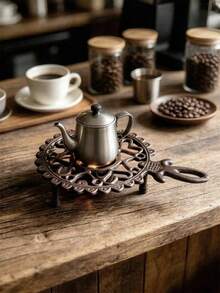 1pc Vintage Cast Iron Teapot Warmer, Hollow Scroll Pattern, Portable Metal Stove Rack, Suitable For Coffee Pots And Small Kitchen Utensils, Desktop Candle Heating Stand, Heat-Resistant Hot Plate Rack, Home Kitchen Decor, Suitable For Dining Table Countertop - View 7