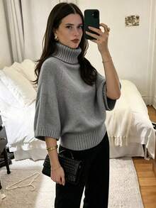 女款休閒秋冬純灰色高領蝙蝠袖針織上衣，收腰紋理設計，日常通勤辦公穿搭套頭衫 - 淺灰色 - 查看 6