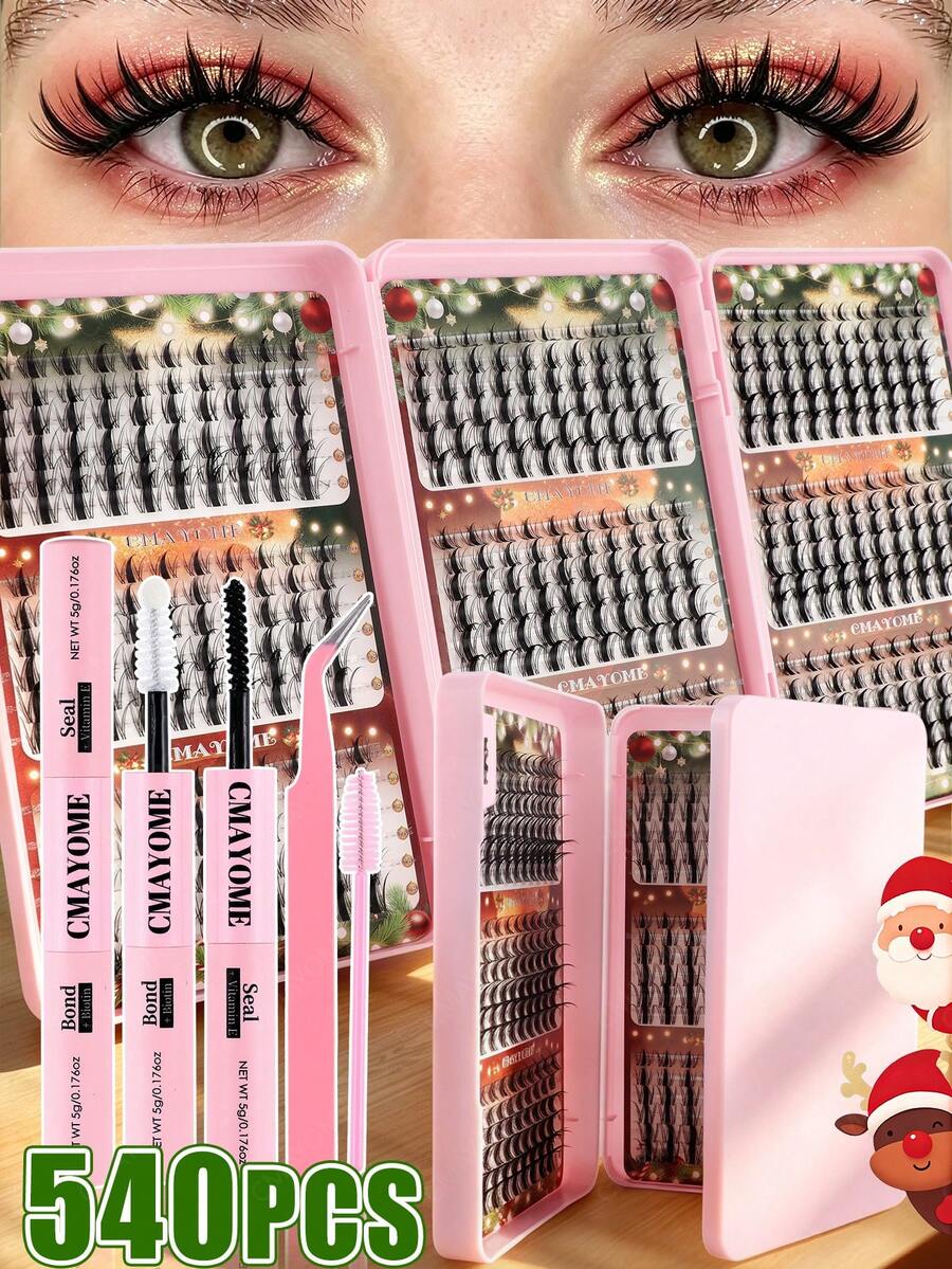 540/648 Clusters Eyelash Book Set, Invisible Ultra-Fine Stem, Lightweight Fluffy D Curl, 10/12/14/16/18mm Mixed Length, Long-Lasting Waterproof, Easy DIY Wear, Pink Storage Box, Christmas Gift Set For Women - Pink - View 1