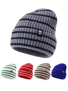 1pc Men's Fashion Striped Colorblock Skull Woven Label Knit Beanie Hat, Brimless, Suitable For Autumn/Winter Warmth, Daily Wear And Outfits - A - View 1