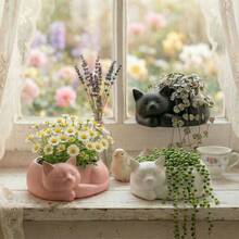 1PCSleeping Cat Planter, Cat-Shaped Small Potted Plant Pot, Decorative Desktop Flower Pot For Home, Office, Kitchen, Gift For Cat Lovers - Multicolor - View 1