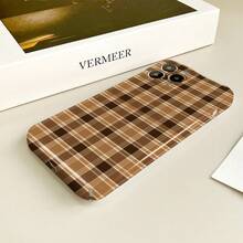 1pc Vintage Brown Coffee Earth Tone Plaid Film Phone Case, Autumn/Winter British Style Matte Texture Precise Cut Full Coverage Anti-Scratch Hard Protective Shell, Compatible With IPhone17/17Pro/17ProMax/16/16Plus/16ProMax/16e/15ProMax/11/12/12Pro/12ProMax/13/13Pro/13ProMax/14/14Pro/14ProMax - Film-fine Hole - View 5