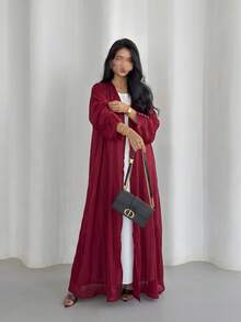 女款保守長版 Abaya 開襟長洋裝，亮線裝飾，紅色秋季款 - 紅色 - 查看 5