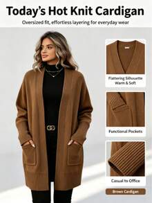 Áo cardigan len dệt kim dáng vừa cho mùa thu đông size lớn, vạt mở, có túi, tay dài, phom thoải mái, áo khoác ngoài mặc hằng ngày đi làm cho quý cô dáng đầy đặn - màu nâu - Xem 11
