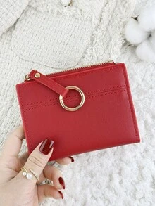 Women's Multifunctional Short Wallet With Zipper, Foldable Buckle Credit Card Storage Bag, Small Wristband Circle Decoration, Suitable For Outdoor Use - Red - View 9