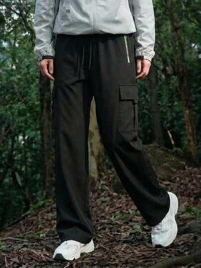 [Fashion Multi-Pocket] 女款工裝褲－寬鬆休閒款，附拉鍊口袋，多功能運動黑色工裝褲