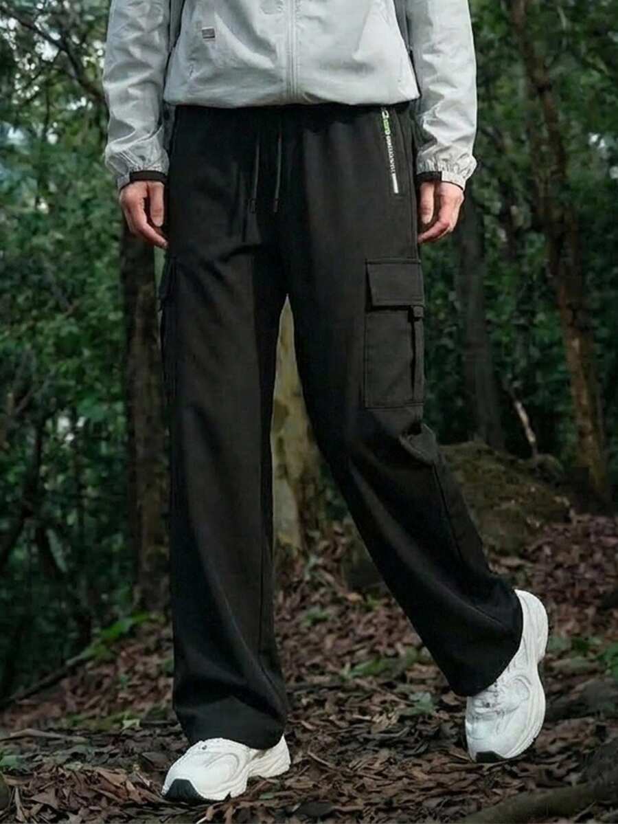 [Fashion Multi-Pocket] 女款工裝褲－寬鬆休閒款，附拉鍊口袋，多功能運動黑色工裝褲 - 黑色 - 查看 1