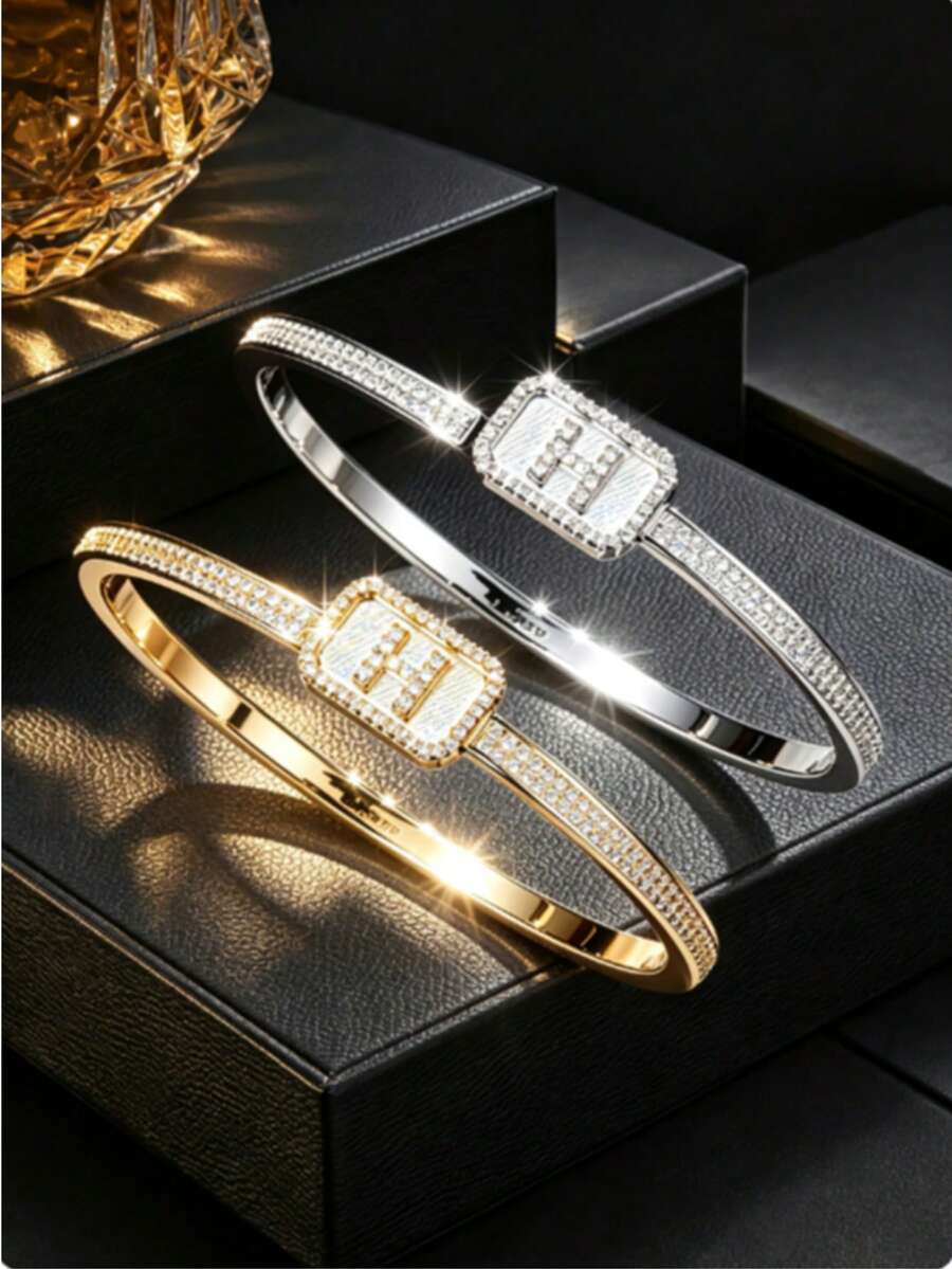 1pc H-Shaped Square Plate Double-Row Pave Element Bracelet, Two-Tone ...