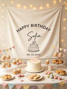 Customized Baby Birthday Cake Banner, Personalized Birthday Name Backdrop, Fabric Sign, White Bohemian Style Birthday Wall Decor, Baby Birthday Decoration - Multicolor - View 6
