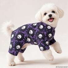Opjoys 1pc Halloween Argyle Skull Print Dog Jumpsuit, Halloween Style Skin-Friendly Knitted Four-Legged Design Round Neck Ribbed Cuff Warm Belly Protection Anti-Shedding Pet Home Wear Spring Autumn Daily - Black - View 3