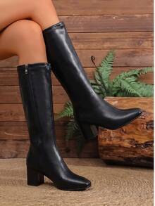 Women's Solid Color Punk Synthetic Fiber Side Zipper Comfortable Elegant Outdoor Autumn/Winter Square Toe Chunky Heel Rubber Sole - Black - View 1