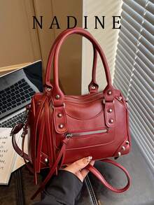 Tassel Decor Tote Bag, Distressed Metal Rivet Accessories, Adjustable & Detachable Shoulder Strap, Zipper Closure, American Vintage Pillow Bag, Student & Office Worker Handbag, Versatile Atmosphere Bag - Red - View 9