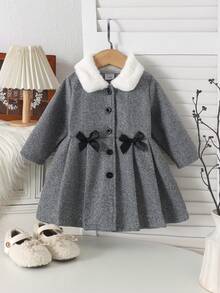 1pc Baby Girl Cute Comfortable Plush Collar Long Sleeve Open Front Wool Dress Set, Autumn/Winter Elegant Party - Grey - View 3