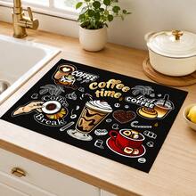 1pc Black Coffee Theme Printed Kitchen Drain Mat Table Mat, Coffee Time Coffee Cup Iced Coffee Coffee Bean Text Pattern Dining Table Mat, Coffee Machine Countertop Mat Bar Countertop Decor Mat, Home Kitchen Dining Room Coffee Corner Home Decor - Multicolor - View 5