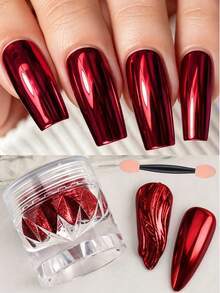 1 Can Red Nail Powder, Christmas Metallic Mirror Effect Holographic Deep Red Nail Glitter Pigment Powder, Autumn Nail Art Powder With Tools - Red - View 1
