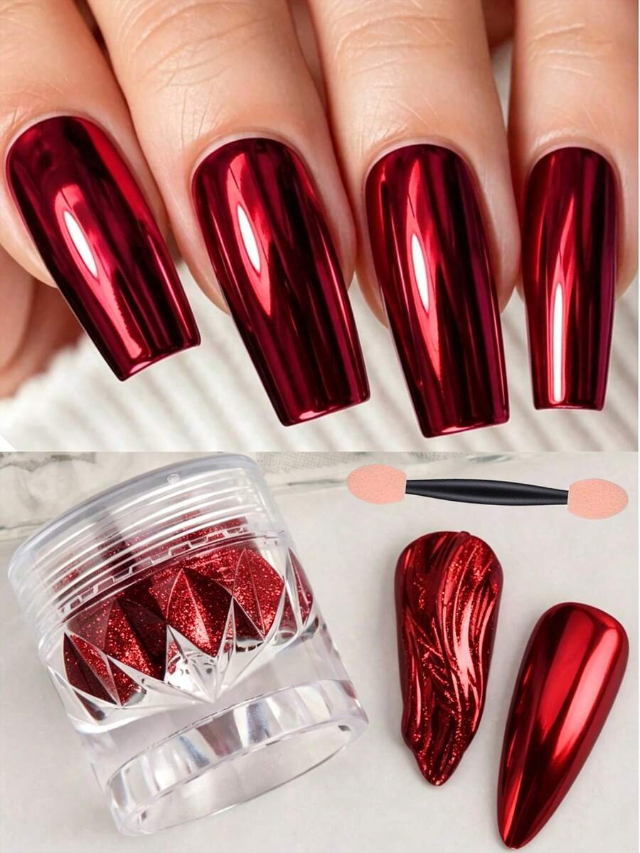 1 Can Red Nail Powder, Christmas Metallic Mirror Effect Holographic Deep Red Nail Glitter Pigment Powder, Autumn Nail Art Powder With Tools - Red - View 1