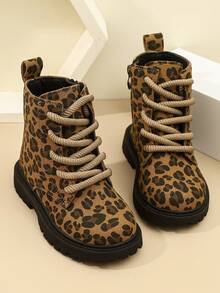 Children's Black Workwear Boots, Side Zipper + Lace-Up Design, Non-Slip Thick Sole Kids' Ankle Boots, - Khaki - View 1