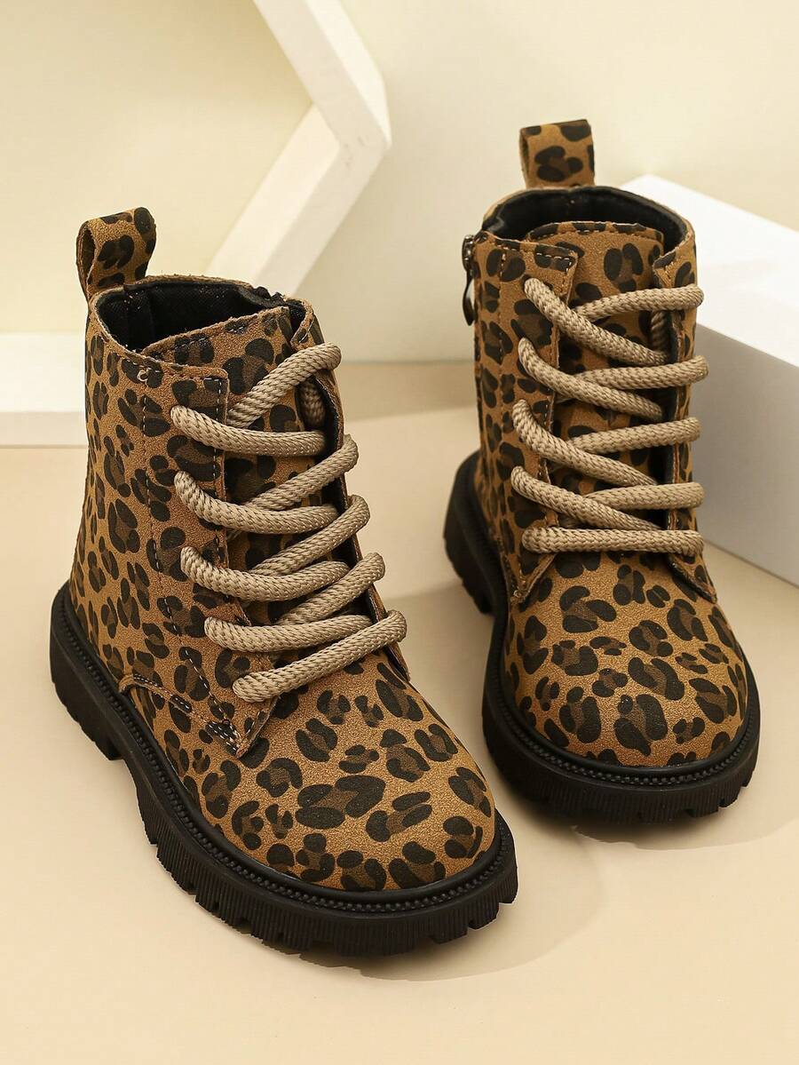 Children's Black Workwear Boots, Side Zipper + Lace-Up Design, Non-Slip Thick Sole Kids' Ankle Boots, - Khaki - View 1