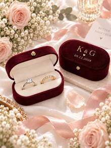Personalized Oval Velvet Ring Box, Customizable Name And Date, Oval Double Ring Box, Suitable For Wedding, Engagement, Proposal, Bridal Party Gift - Multicolor - View 9