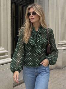 MUMRAP Women's Fashion Spring Casual Bowknot Polka Dot Loose Fit Elegant Long Sleeve Blouse - Dark Green - View 4