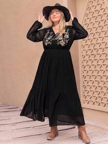 Women's Plus Size Floral Embroidered Knot Collar Lantern Sleeve Dress - Black - View 1