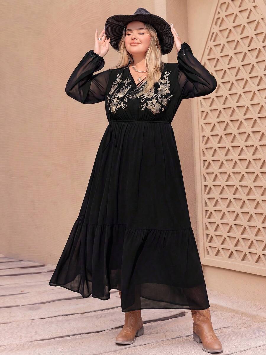 Women's Plus Size Floral Embroidered Knot Collar Lantern Sleeve Dress - Black - View 1