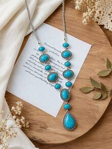1pc Western Cowboy Style Oval Water Drop Chain Large Water Drop Pendant Y-Shaped Necklace, Fashion Suitable For Daily Wear, Street Photography, Party And Music Festival - Multicolor - View 3